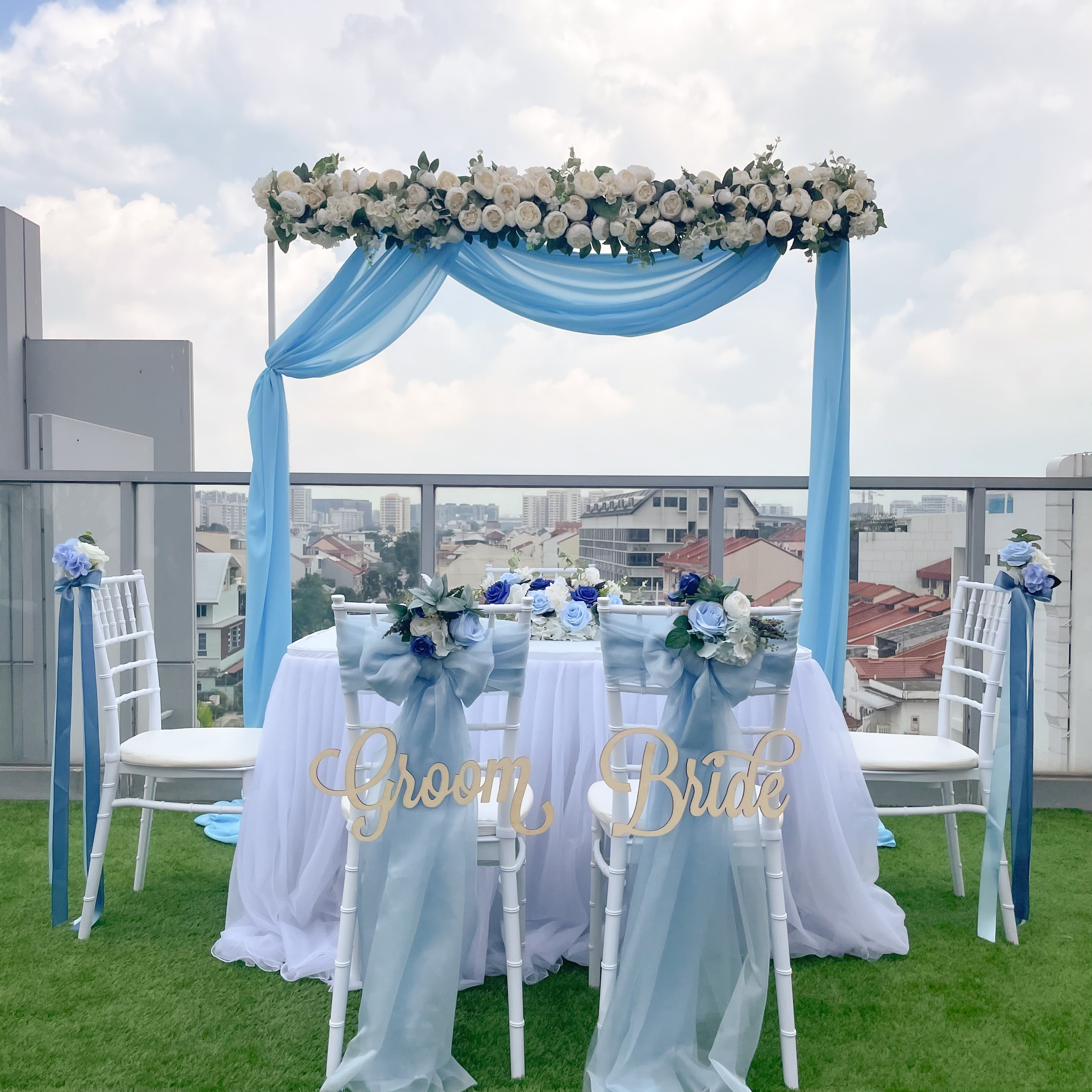 Sweet and Simple Outdoor Solemnisation/ROM Decor in Singapore - Blue & White Theme 